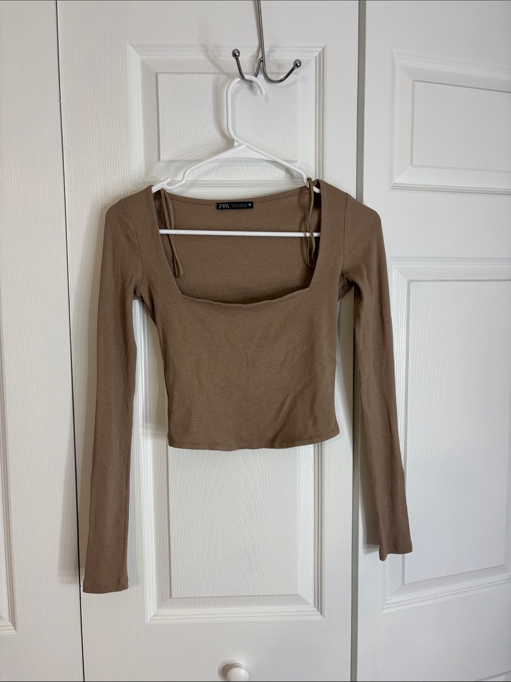 Zara Brown Square-Neck Long Sleeve Crop Top